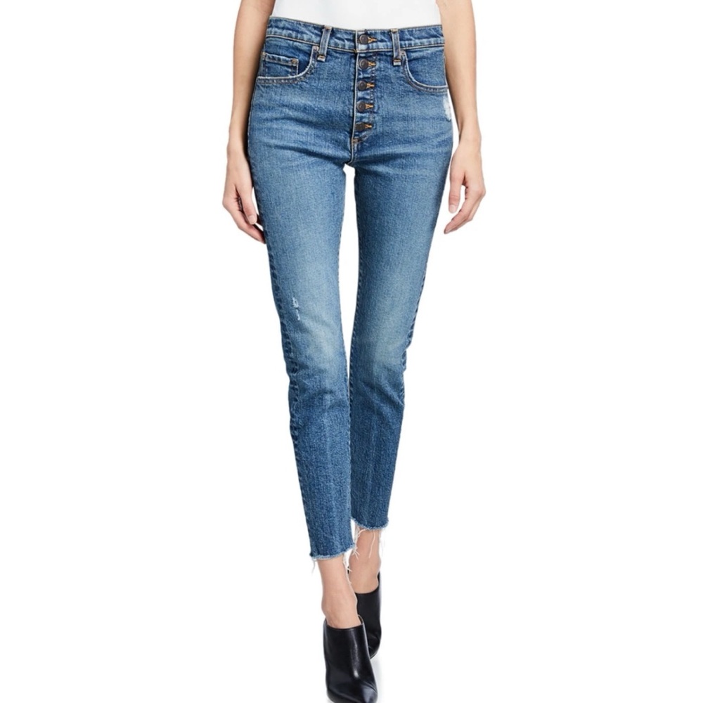 Veronica Beard Faye High-Rise Button-Fly Skinny Jeans w/ Frayed Hem, Size 25